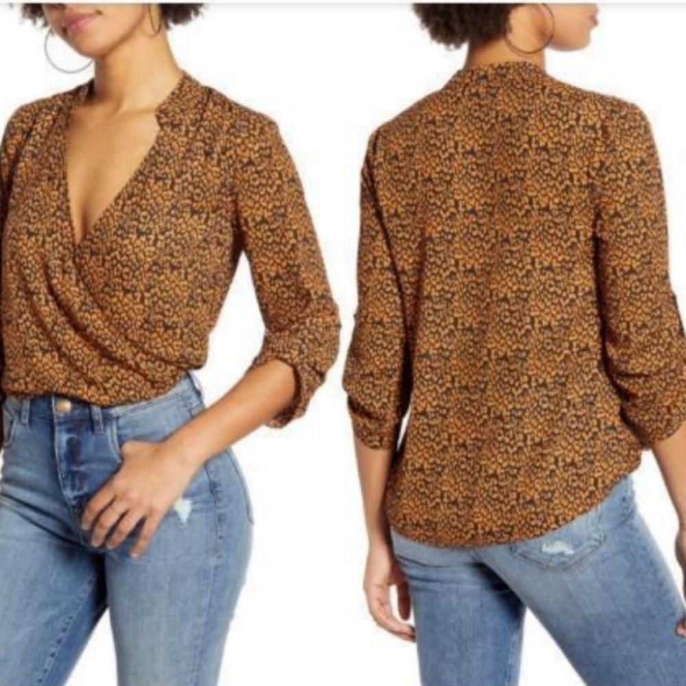 All in Favor Brown Floral Wrap Top